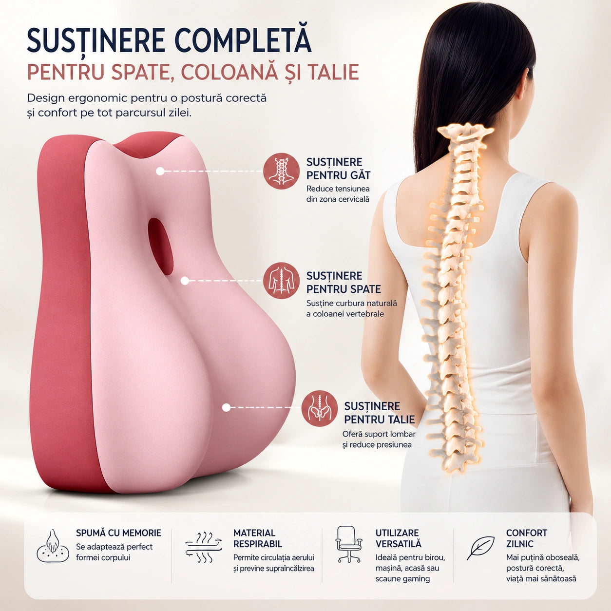Pernă Ergonomică pentru Spate și Coloană Vertebrală, din Spumă cu Memorie Suport Lombar Ortopedic, Corector pentru Postură și Reducerea Durerilor de Spate, Ideală pentru Birou, Scaun Auto, Gaming, Canapea și Lucru de Acasă, Confortabil și Respirabil Roz
