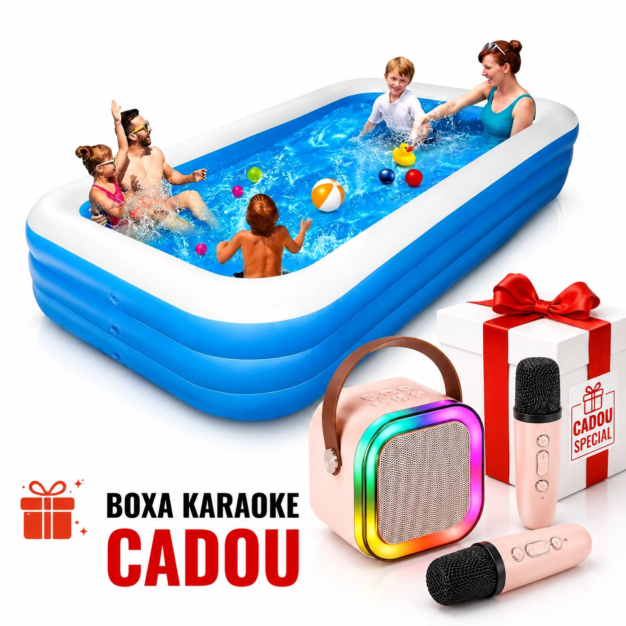 Piscina gonflabila 3 inele Family, Dimensiuni, 120 x 100 x 50 cm, si Boxa Karaoke Cadou, Material Rezistent, Potrivita pentru copii si Adulti