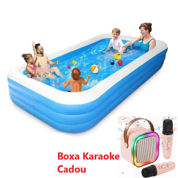 Piscina gonflabila 3 inele Family, Dimensiuni, 120 x 100 x 50 cm, si Boxa Karaoke Cadou, Material Rezistent, Potrivita pentru copii si Adulti