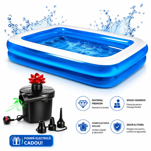 Piscina gonflabila Family XXL, cu Pompa electrica Cadou, Dimensiuni, 200 x 150 x 50 cm, 2 inele, Material Rezistent, Potrivita pentru copii si Adulti