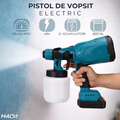 Pistol de Vopsit Electric DASGUT cu 2 Acumulatori Li-Ion 48V și Încărcător, Rezervor 800 ml, Debit Reglabil, Pulverizare Uniformă pentru Vopsea, Lac și Baiț