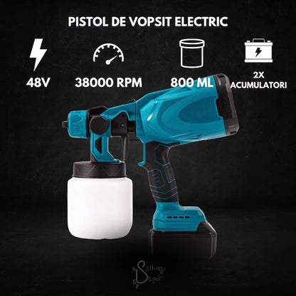 Pistol de Vopsit Electric DASGUT cu 2 Acumulatori Li-Ion 48V și Încărcător, Rezervor 800 ml, Debit Reglabil, Pulverizare Uniformă pentru Vopsea, Lac și Baiț