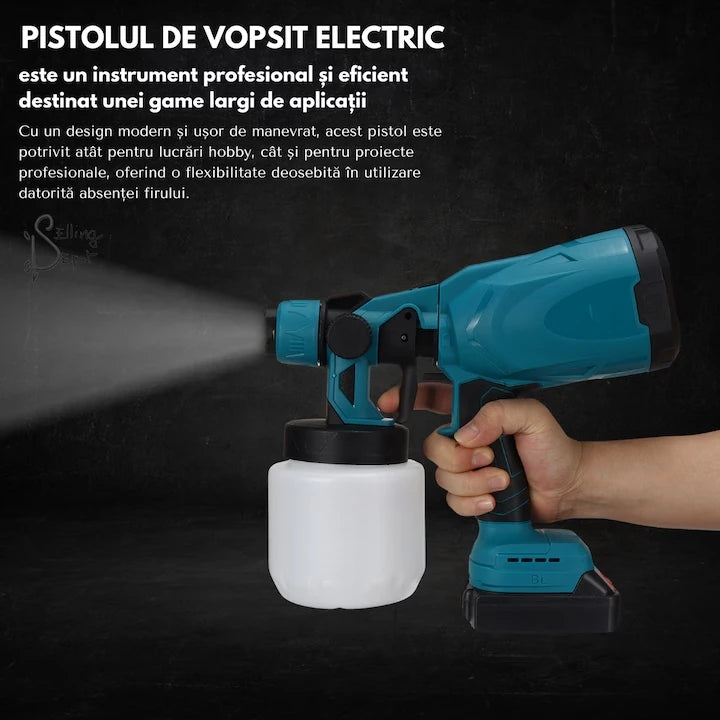 Pistol de Vopsit Electric DASGUT cu 2 Acumulatori Li-Ion 48V și Încărcător, Rezervor 800 ml, Debit Reglabil, Pulverizare Uniformă pentru Vopsea, Lac și Baiț