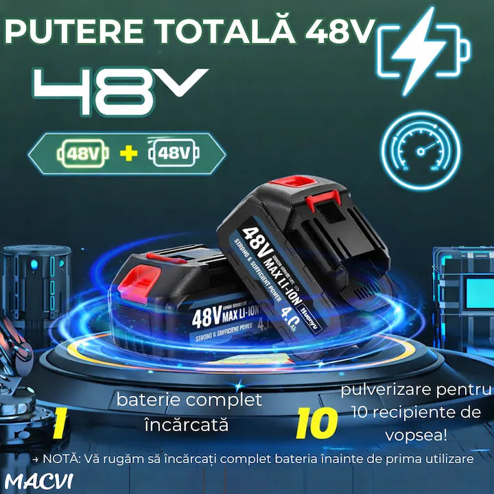Pistol de Vopsit Electric DASGUT cu 2 Acumulatori Li-Ion 48V și Încărcător, Rezervor 800 ml, Debit Reglabil, Pulverizare Uniformă pentru Vopsea, Lac și Baiț