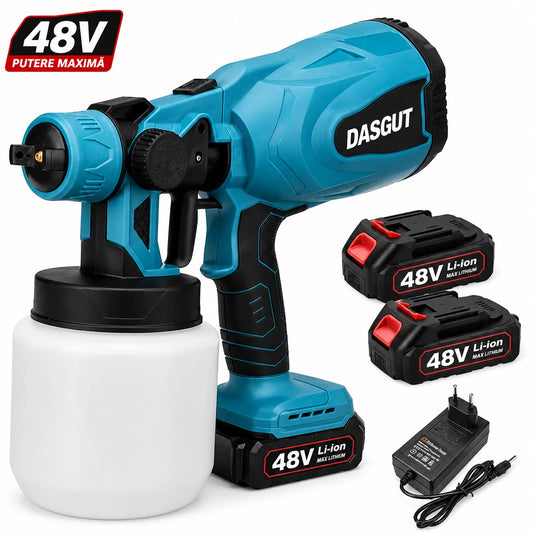 Pistol de Vopsit Electric DASGUT cu 2 Acumulatori Li-Ion 48V și Încărcător, Rezervor 800 ml, Debit Reglabil, Pulverizare Uniformă pentru Vopsea, Lac și Baiț