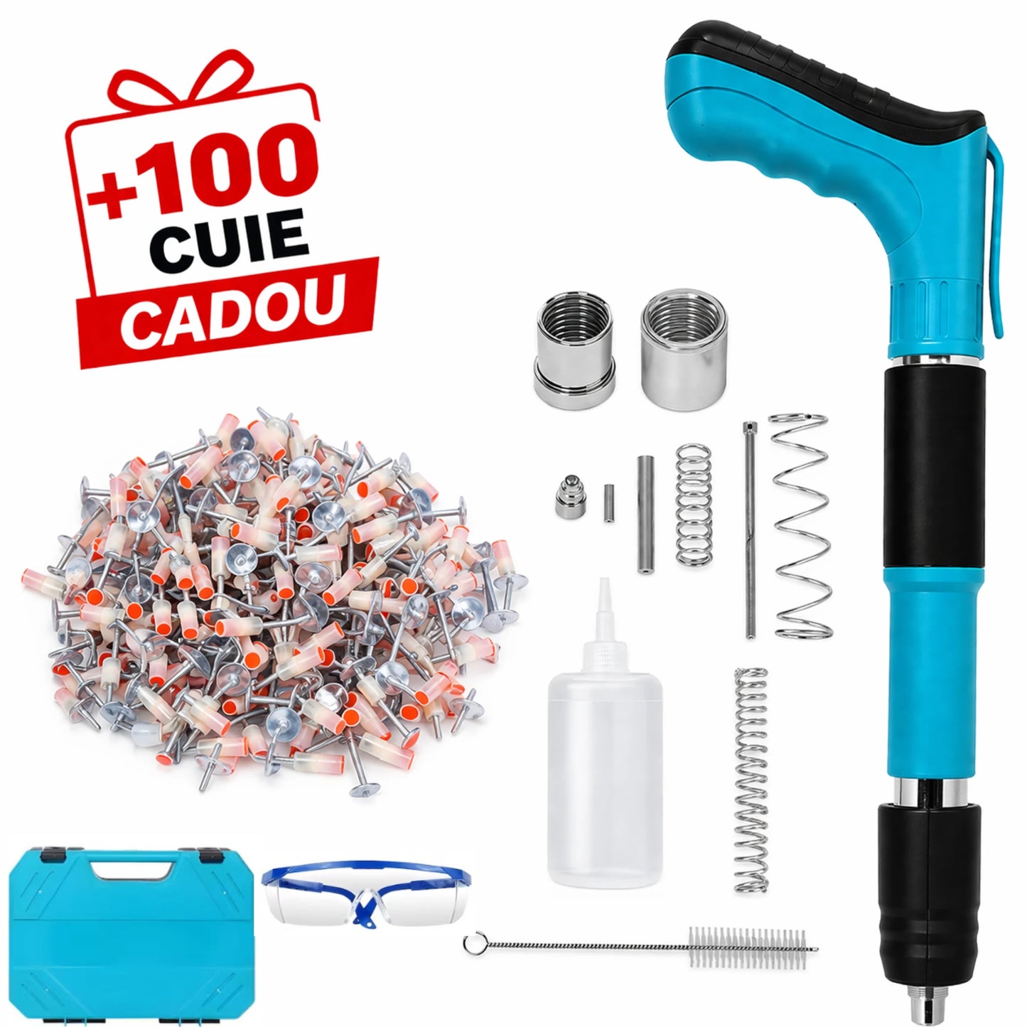 Pistol Pneumatic Cuie Profesional cu Fixare în Beton, Lemn, Metal, 100 Cuie Cadou, 3 setari de forța si Geanta Transport