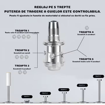 Pistol Pneumatic Cuie Profesional cu Fixare în Beton, Lemn, Metal, 100 Cuie Cadou, 3 setari de forța si Geanta Transport