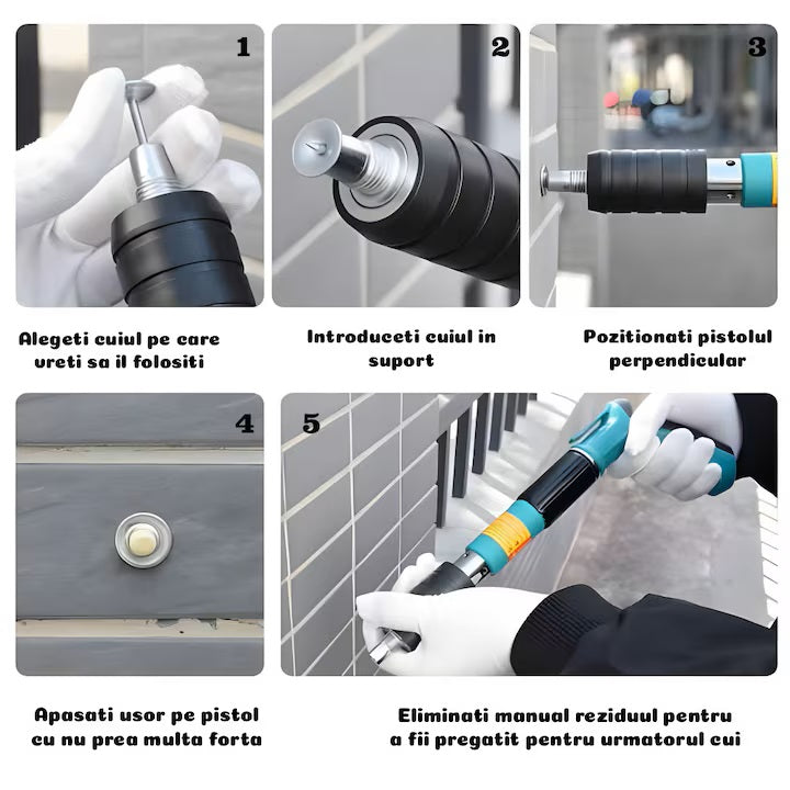 pasi folosire pistol pneumatic cuie pentru beton, metal si lemn