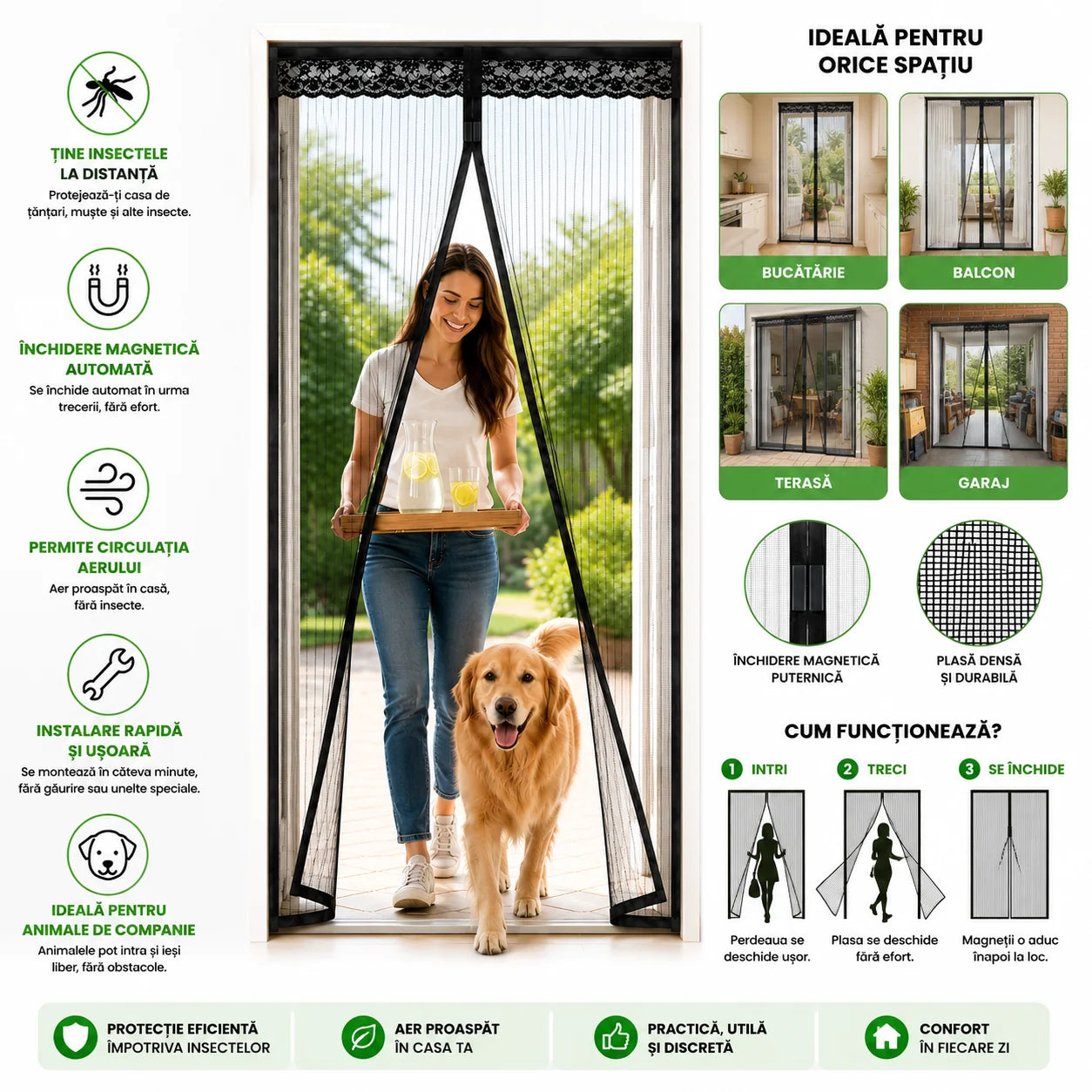 Plasă Magnetică Anti-Insecte pentru Ușă 210x100 cm Închidere Automată cu Magneți, Montaj Rapid Fără Găurire, Protecție împotriva Țânțarilor și Muștelor, Ideală pentru Balcon, Terasă și Animale de Companie