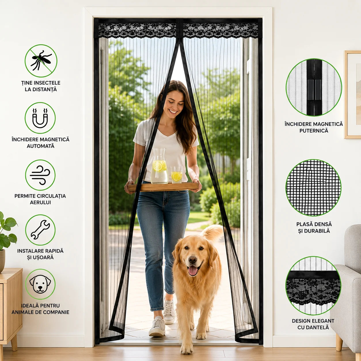 Plasă Magnetică Anti-Insecte pentru Ușă 210x100 cm Închidere Automată cu Magneți, Montaj Rapid Fără Găurire, Protecție împotriva Țânțarilor și Muștelor, Ideală pentru Balcon, Terasă și Animale de Companie