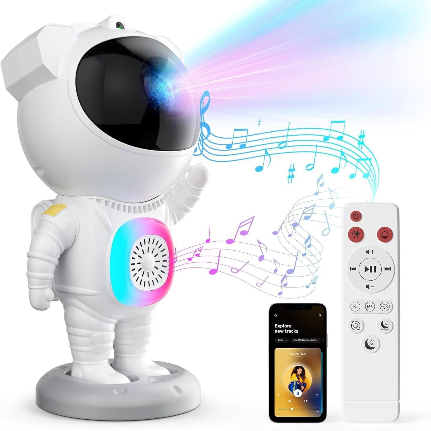 Proiector Astronaut Galaxie 3D Lampă Decorativă cu Lumină RGB și Bluetooth, 8 Moduri de Proiecție, Cu control din aplicatie, Telecomandă Muzica si Lumini