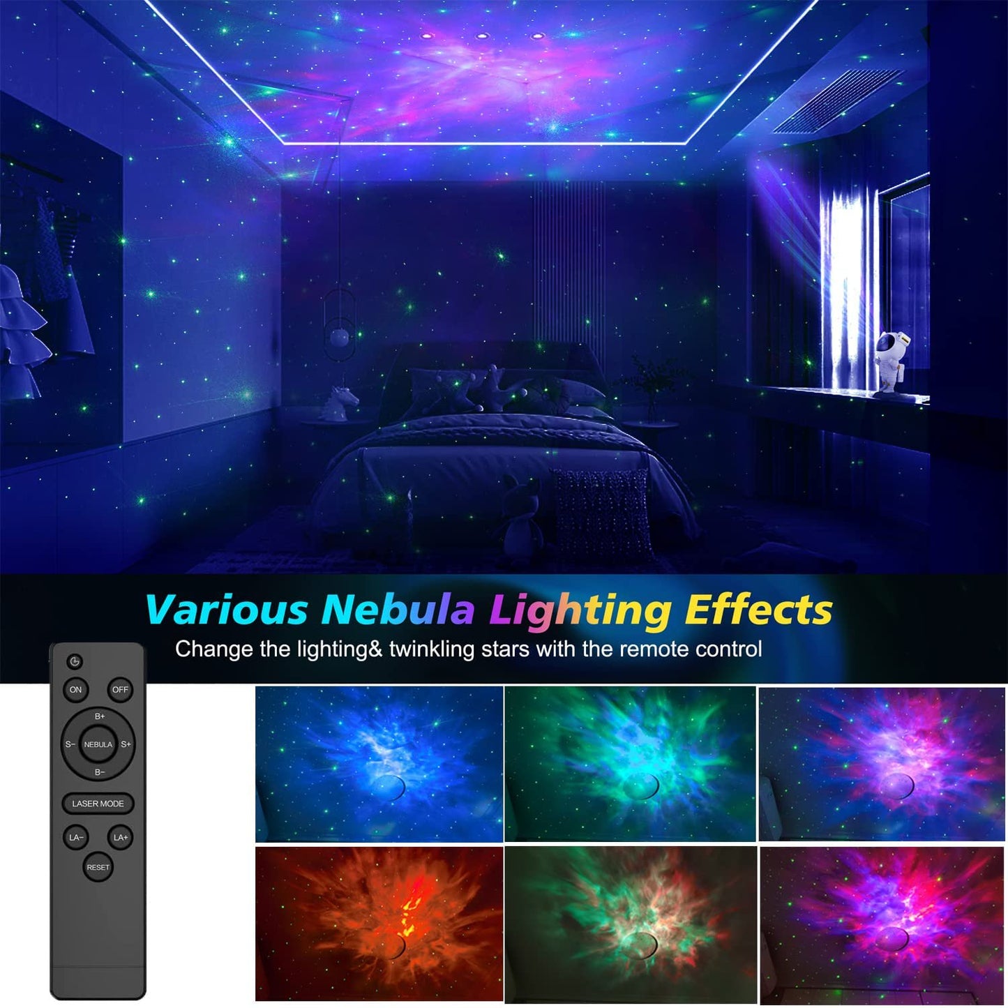 Proiector Astronaut Galaxie 3D Lampă Decorativă cu Lumină RGB și Bluetooth, 8 Moduri de Proiecție, Cu control din aplicatie, Telecomandă Muzica si Lumini