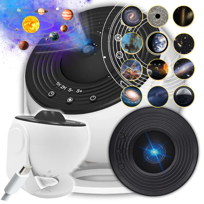 Proiector Cosmic HD Planetarium 3D, Lampa de veghe pentru copii 4K, 12 Discuri de proiectie cu Stele, Galaxii, Palnete, Reglare 360° Rotativa