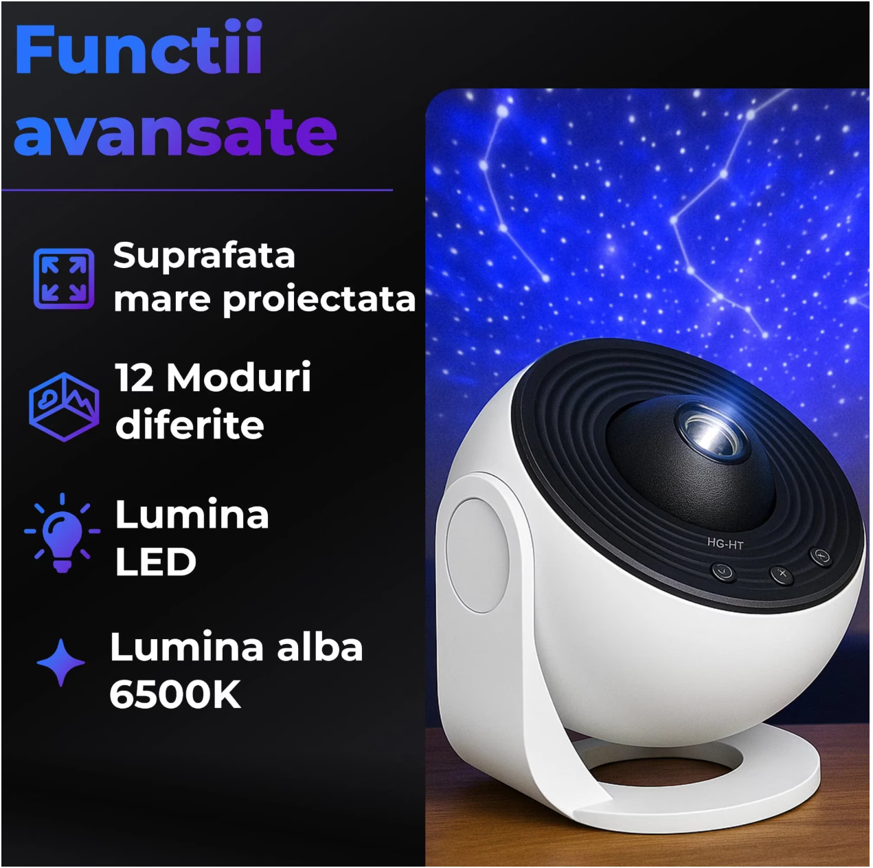 Proiector Cosmic HD Planetarium 3D, Lampa de veghe pentru copii 4K, 12 Discuri de proiectie cu Stele, Galaxii, Palnete, Reglare 360° Rotativa