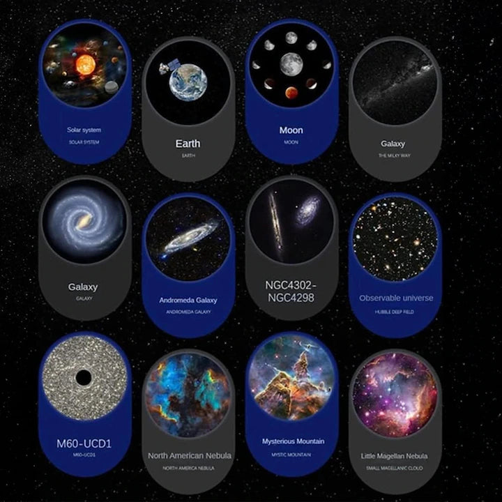 Proiector Cosmic HD Planetarium 3D, Lampa de veghe pentru copii 4K, 12 Discuri de proiectie cu Stele, Galaxii, Palnete, Reglare 360° Rotativa