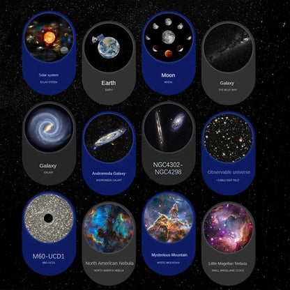 Proiector Cosmic HD Planetarium 3D, Lampa de veghe pentru copii 4K, 12 Discuri de proiectie cu Stele, Galaxii, Palnete, Reglare 360° Rotativa