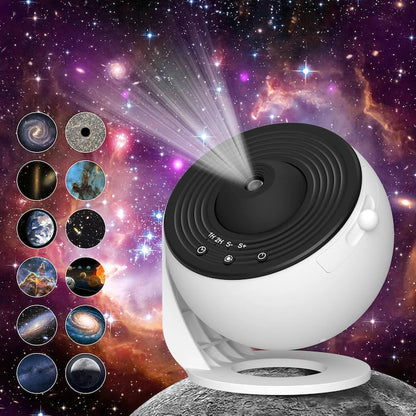 Proiector Cosmic HD Planetarium 3D, Lampa de veghe pentru copii 4K, 12 Discuri de proiectie cu Stele, Galaxii, Palnete, Reglare 360° Rotativa