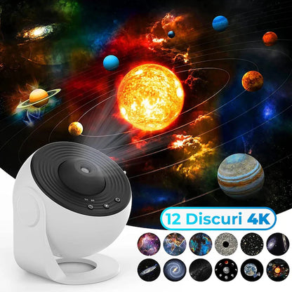 Proiector Cosmic HD Planetarium 3D, Lampa de veghe pentru copii 4K, 12 Discuri de proiectie cu Stele, Galaxii, Palnete, Reglare 360° Rotativa