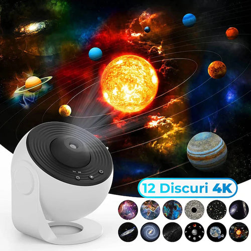 Proiector Cosmic HD Planetarium 3D, Lampa de veghe pentru copii 4K, 12 Discuri de proiectie cu Stele, Galaxii, Palnete, Reglare 360° Rotativa
