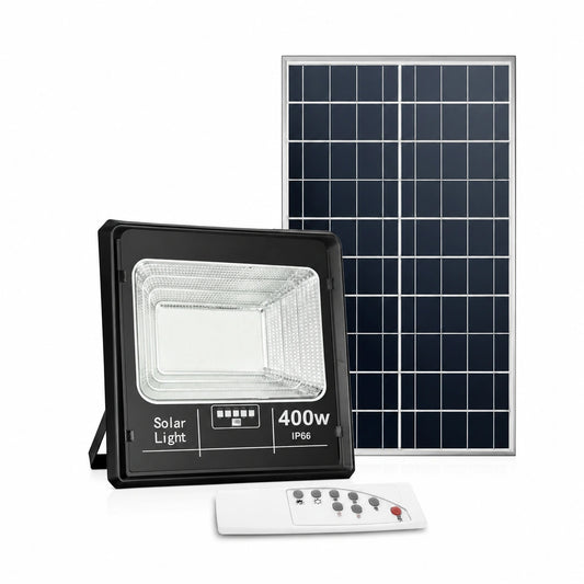 Proiector cu Panou Solar LED 400W, 7000 Lumeni, IP66, Telecomandă și Senzor de Lumină, Lampă Solară pentru Iluminat Exterior, Curte, Grădină, Parcare, Alei și Stradă