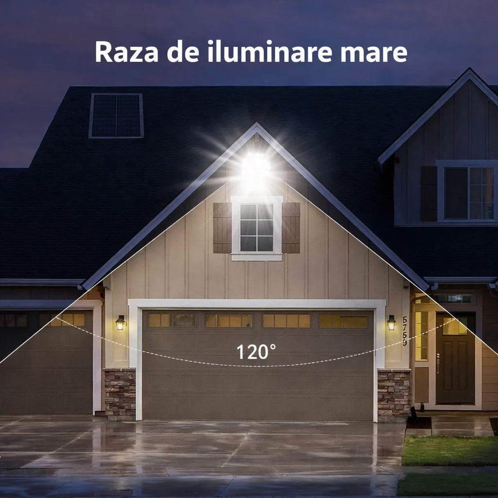 Proiector cu Panou Solar LED 400W, 7000 Lumeni, IP66, Telecomandă și Senzor de Lumină, Lampă Solară pentru Iluminat Exterior, Curte, Grădină, Parcare, Alei și Stradă