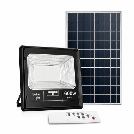 Proiector cu Panou Solar LED 600W, 8000 Lumeni, IP66, Telecomandă și Senzor de Lumină, Lampă Solară pentru Iluminat Exterior, Curte, Grădină, Parcare, Alei și Stradă