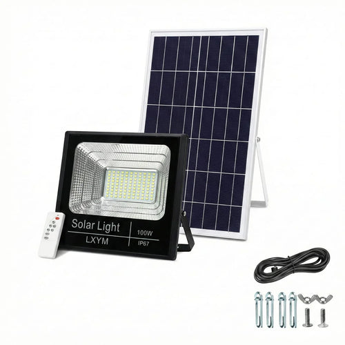 Proiector solar 100W Pro Light 7500 Lumeni, LED Ultra Luminos, cu Telecomanda, Suport prindere inclus, Autonomie Pana la 13 Ore, Senzor de lumina Protectie IP66