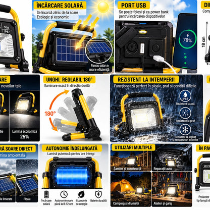 Proiector Solar LED 50W Tip Lampă de Lucru Portabilă, Reîncărcabilă Solar și USB, 3 Moduri de Iluminare, Autonomie până la 12 Ore, Rezistent la Apă IP67, Unghi Reglabil 180°, Mâner de Transport, Ideal pentru Camping, Atelier și Șantier