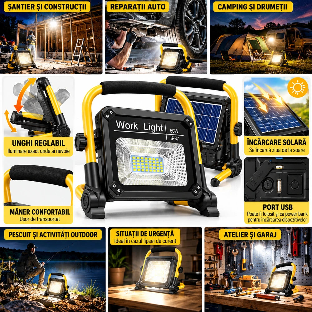 Proiector Solar LED 50W Tip Lampă de Lucru Portabilă, Reîncărcabilă Solar și USB, 3 Moduri de Iluminare, Autonomie până la 12 Ore, Rezistent la Apă IP67, Unghi Reglabil 180°, Mâner de Transport, Ideal pentru Camping, Atelier și Șantier