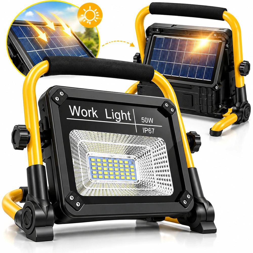 Proiector Solar LED 50W Tip Lampă de Lucru Portabilă, Reîncărcabilă Solar și USB, 3 Moduri de Iluminare, Autonomie până la 12 Ore, Rezistent la Apă IP67, Unghi Reglabil 180°, Mâner de Transport, Ideal pentru Camping, Atelier și Șantier
