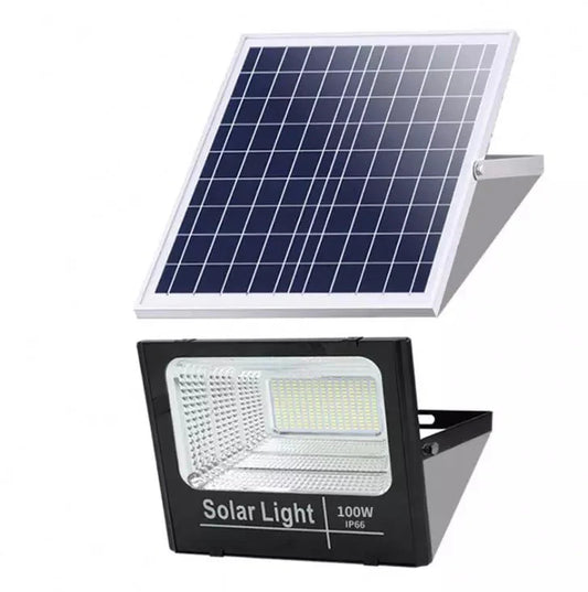 Proiector solar 100W LED, Jortan, cu Telecomanda, Suport prindere inclus, Panou Fotovoltaic, Autonomie Mare, Senzor de lumina