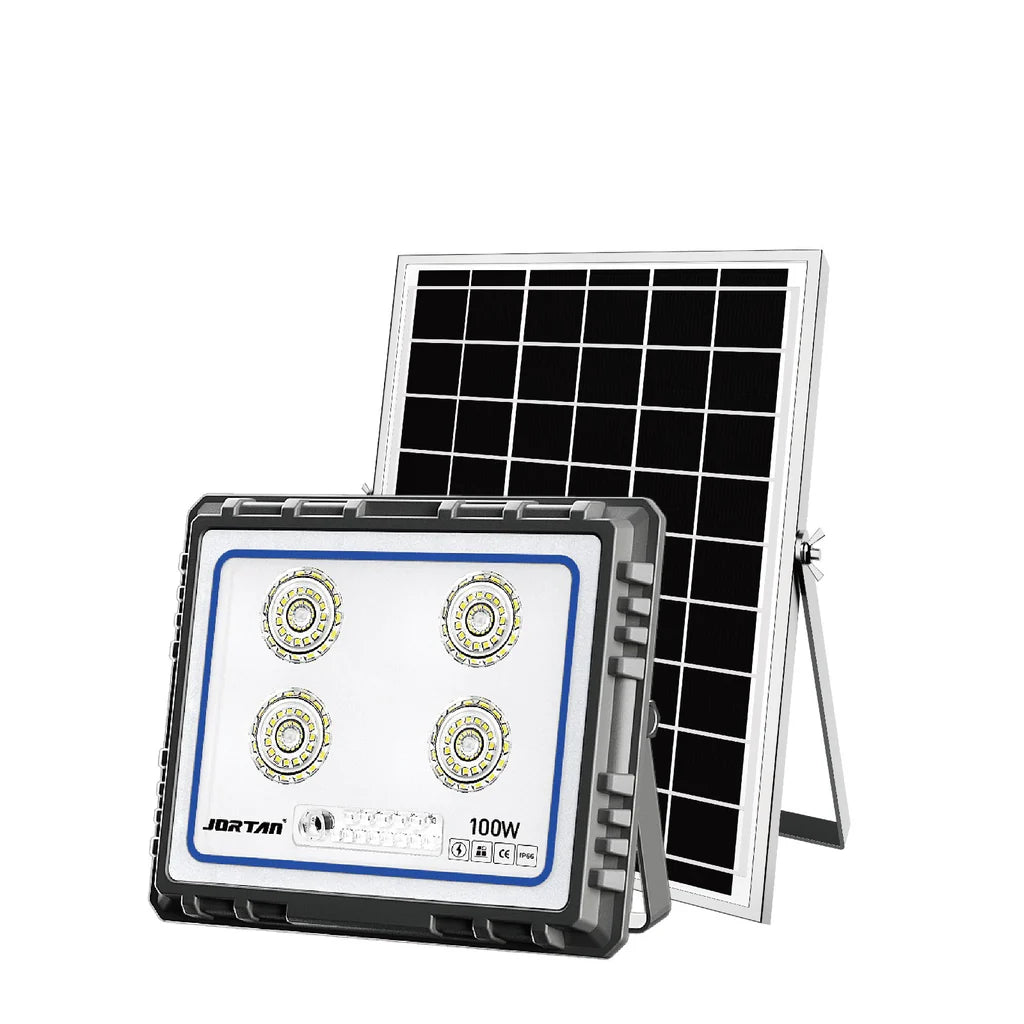 Proiector Solar LED Jortan 100W din Aluminiu cu Telecomandă, Senzor de Lumină, Exterior ,Rezistent, Iluminare Inteligentă