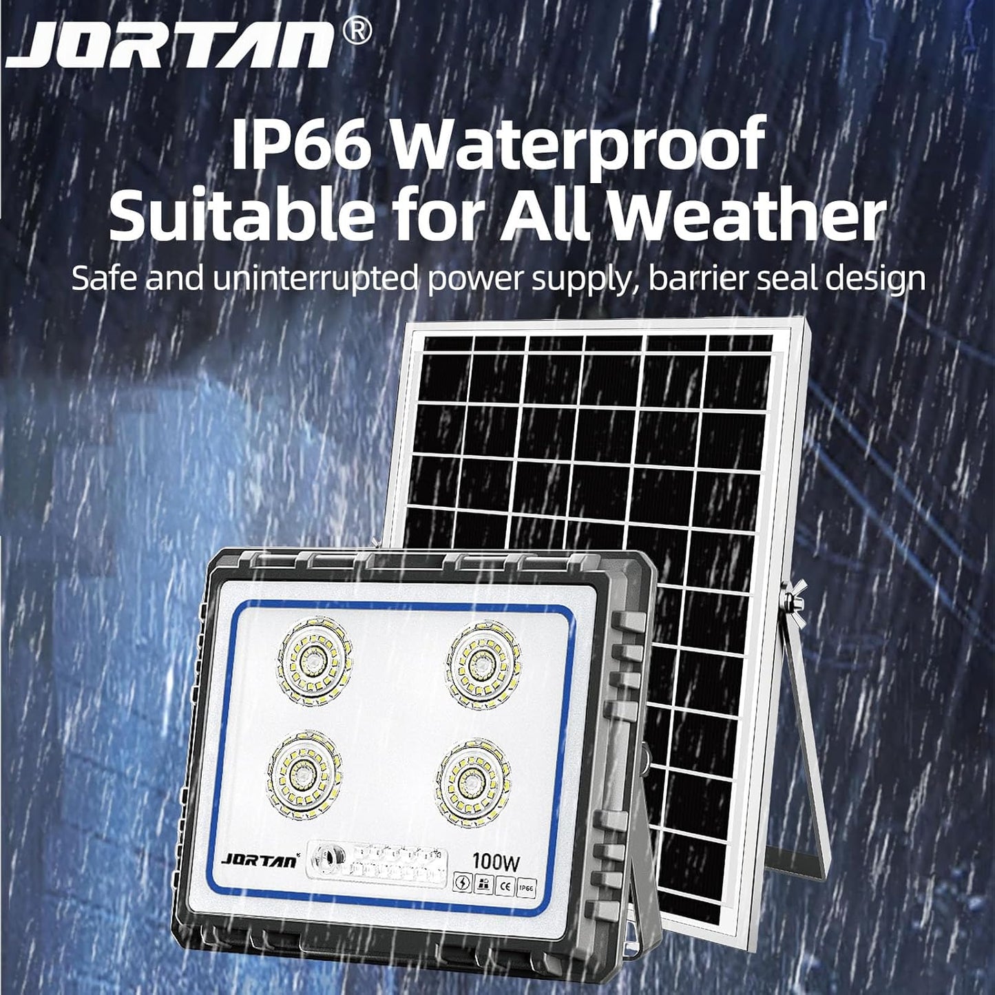 Proiector Solar LED Jortan 100W din Aluminiu cu Telecomandă, Senzor de Lumină, Exterior ,Rezistent, Iluminare Inteligentă