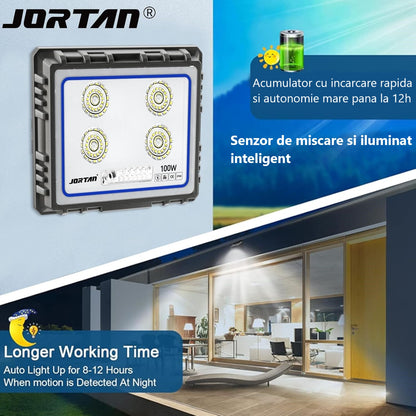 Proiector Solar LED Jortan 100W din Aluminiu cu Telecomandă, Senzor de Lumină, Exterior ,Rezistent, Iluminare Inteligentă