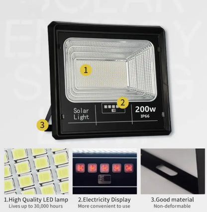 Proiector solar 200w LED Jortan, cu Telecomanda, Suport prindere inclus, Panou Fotovoltaic, Autonomie Mare, Senzor de lumina