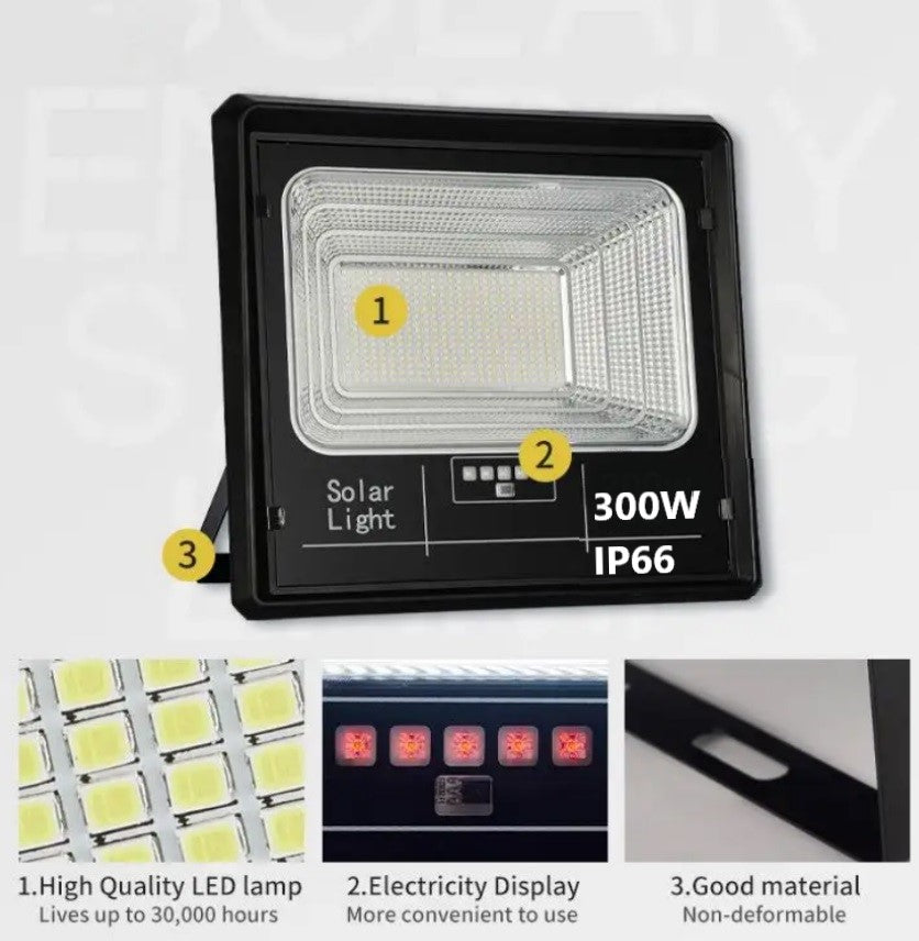 Proiector solar LED jortan 300W, Telecomanda, Suport prindere inclus, Panou Fotovoltaic, Autonomie Mare, Senzor de lumina