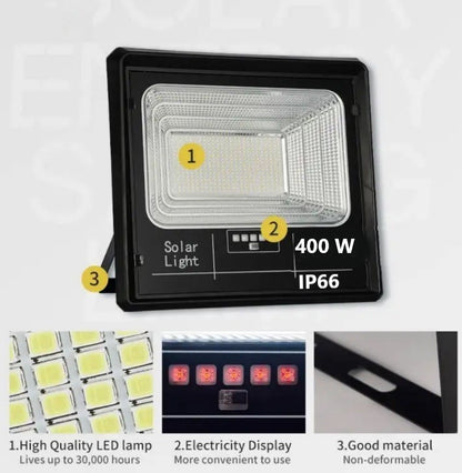 Proiector solar LED jortan 400W, Telecomanda, Suport prindere inclus, Panou Fotovoltaic, Autonomie Mare, Senzor de lumina