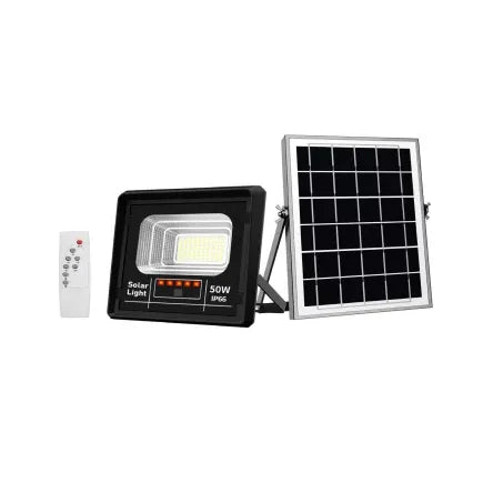 Proiector solar LED, Jortan 50W, Corp iluminat, cu incarcare solara, Panou fotovoltaic separat, suport, telecomanda