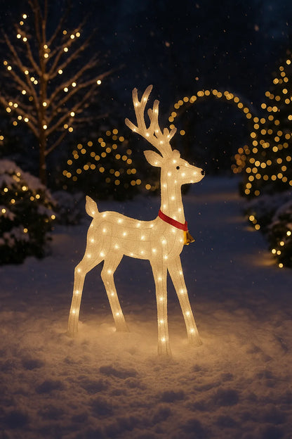 Ren Decorativ Luminos de Crăciun cu LED-uri Alb Cald, 8 jocuri luminoase, Figurina Acrilică cu Clopoțel și Guler Roșu Cablu alimentare 3m Exerior și Interior, 70x80 cm