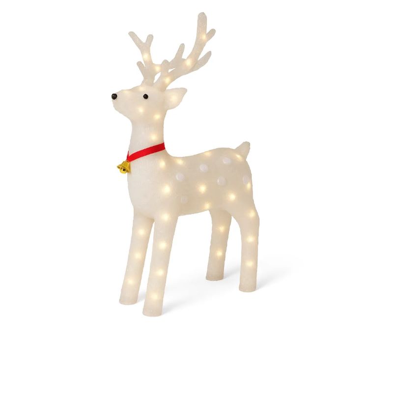 Ren Decorativ Luminos de Crăciun cu LED-uri Alb Cald, 8 jocuri luminoase, Figurina Acrilică cu Clopoțel și Guler Roșu Cablu alimentare 3m Exerior și Interior, 70x80 cm