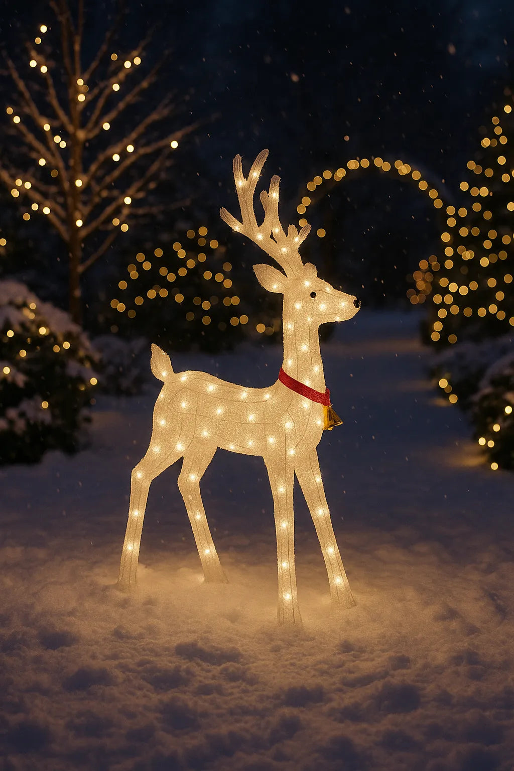 Ren Decorativ Luminos de Crăciun cu LED-uri Alb Cald, 8 jocuri luminoase, Exerior și Interior, 80x96 cm Figurina Acrilică cu Clopoțel și Guler Roșu Cablu alimentare 3m