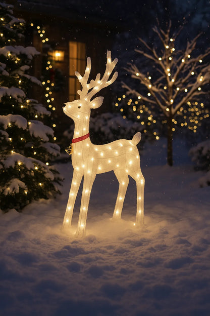 Ren Decorativ Luminos de Crăciun cu LED-uri Alb Cald, 8 jocuri luminoase, Exerior și Interior, 80x96 cm Figurina Acrilică cu Clopoțel și Guler Roșu Cablu alimentare 3m