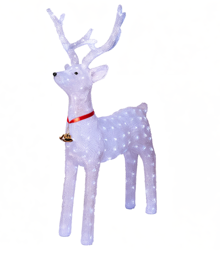 Ren Decorativ Luminos de Crăciun cu LED-uri Albe, 8 jocuri luminoase, Exterior și Interior, 130 cm Figurina Acrilică cu Clopoțel și Guler Roșu Cablu alimentare 3m