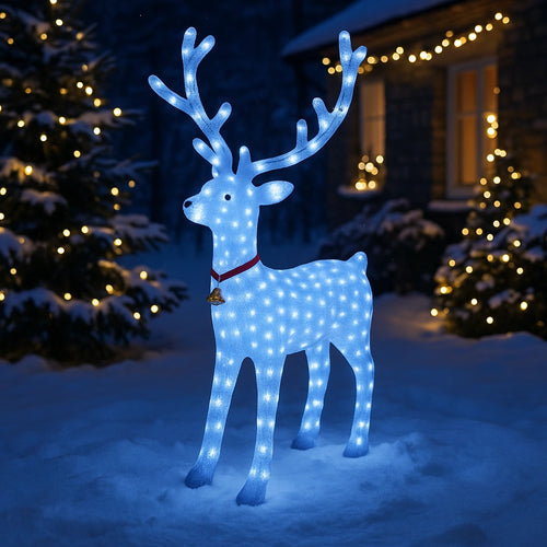 Ren Decorativ Luminos de Crăciun cu LED-uri Albe, 8 jocuri luminoase, Exterior și Interior, 130 cm Figurina Acrilică cu Clopoțel și Guler Roșu Cablu alimentare 3m