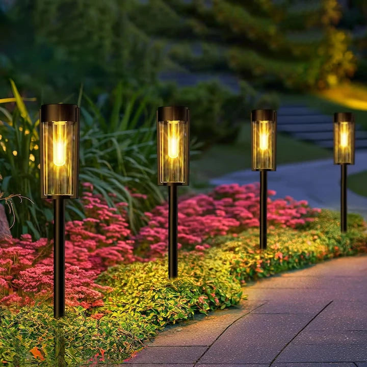 Lampa solara de gradina 1+1 Gratis Tip Felinar LED 55Cm Rezitenta la intemperii IP65 Lumina calda Pentru Curte, Alee, Drum