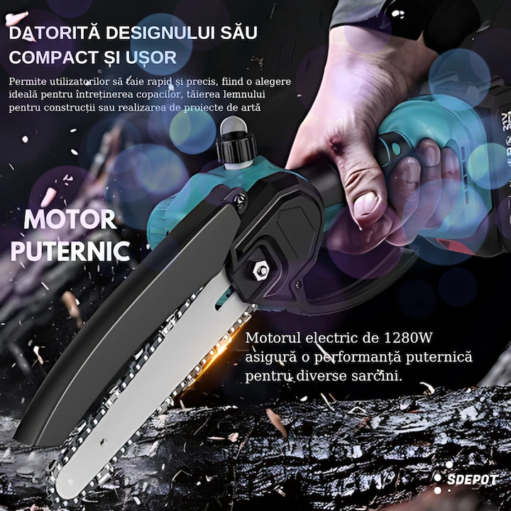 Mini Fierăstrău Electric tip drujba cu Lanț 850W, Sistem de Ungere Automat, 2x Acumulatori 48V, 2x Lanțuri, 2X Lamă 6 inch, Puternic și Portabil