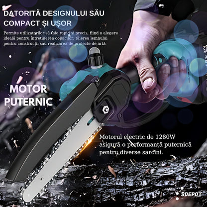 Mini Fierăstrău Electric tip drujba cu Lanț 850W, Sistem de Ungere Automat, 2x Acumulatori 48V, 2x Lanțuri, 2X Lamă 6 inch, Puternic și Portabil