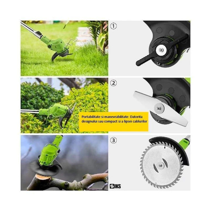 Motocoasa Electrica cu 2 Acumulatori 48V,Autonomie 3 ore 12000 mAh, Accesorii Incluse, Cu Brat Extensibil, 9 Lame Diferite