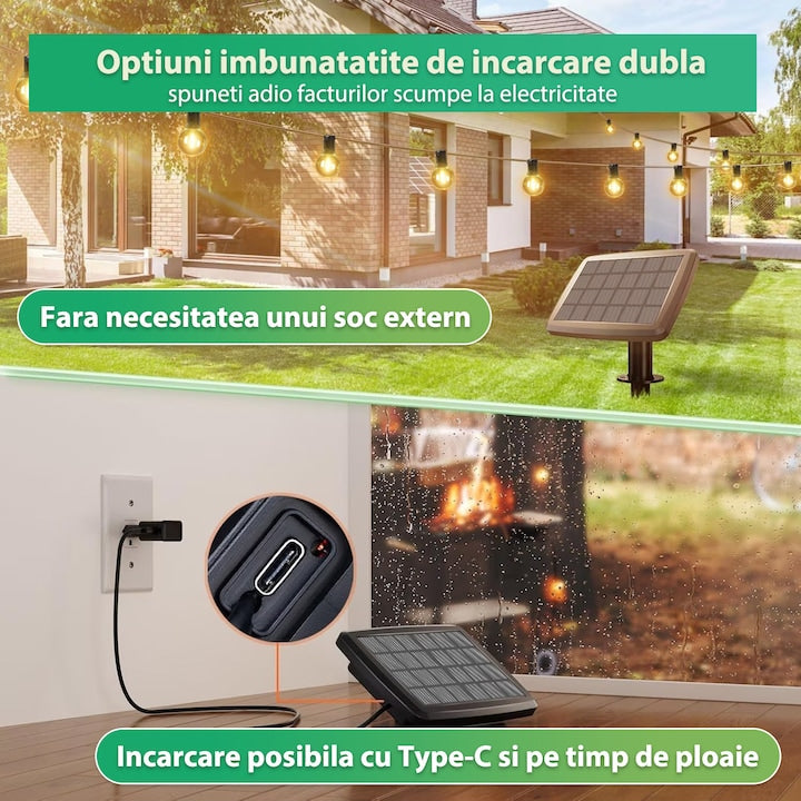 Ghirlanda Luminoasa solara Lumina Alb calda, 4 Moduri de Iluminare, 25M, Interconectabila, Becuri LED cu filament G40, Telecomanda inclusa, IP65, Autonomie Mare