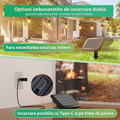 Ghirlanda Luminoasa solara Lumina Alb calda, 4 Moduri de Iluminare, 25M, Interconectabila, Becuri LED cu filament G40, Telecomanda inclusa, IP65, Autonomie Mare
